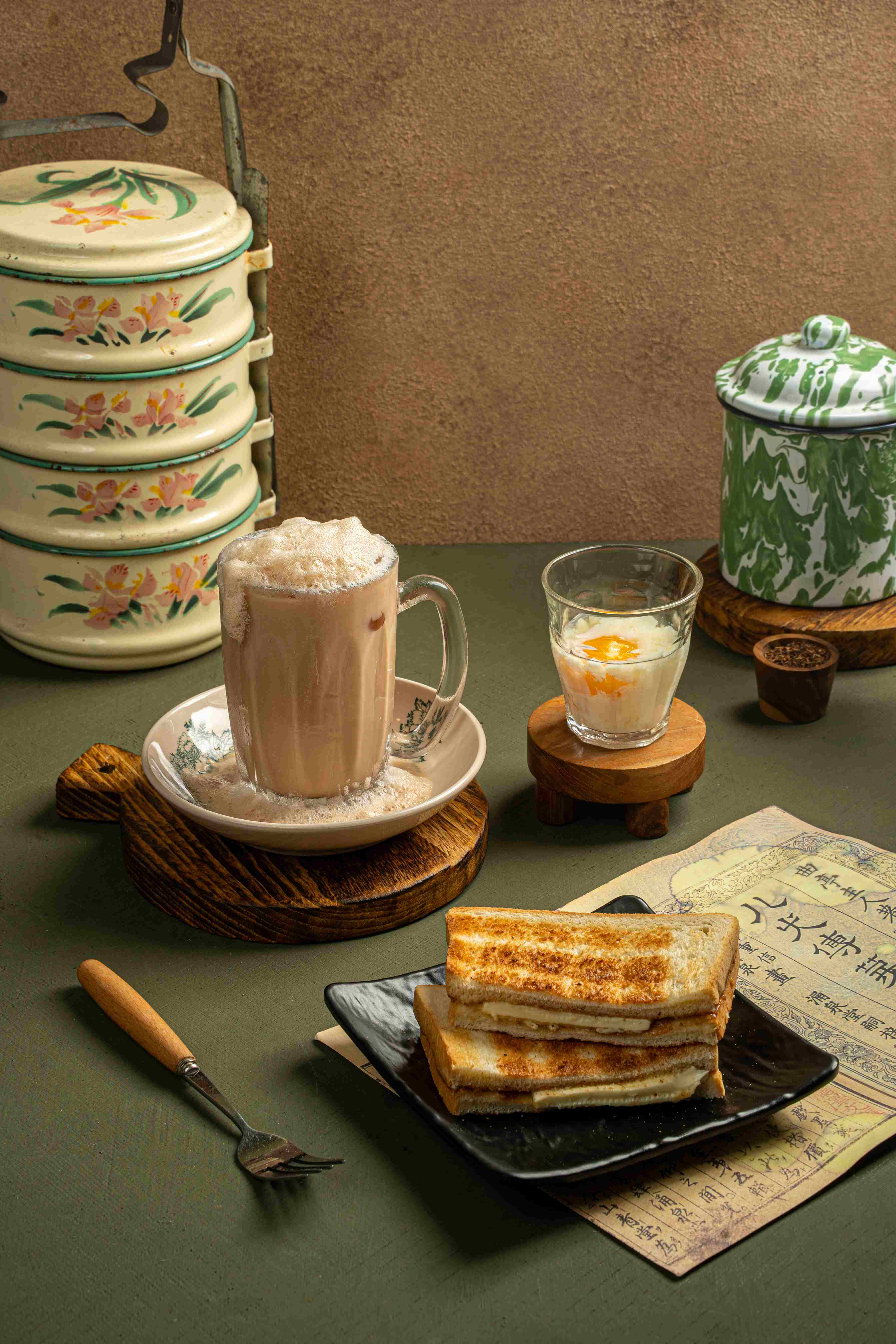 Paket Set Dingin with roti butter kaya soft-boiled egg and teh tarik